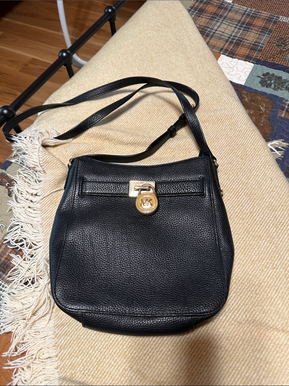 Michael Kors Black Pebbled Leather Crossbody with Gold MK Medallion